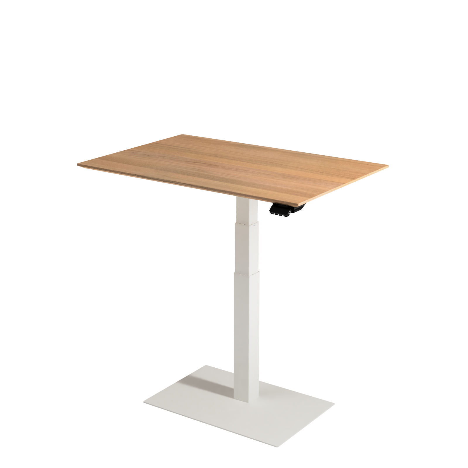Stylish small electric standing desk with oak tabletop and black metal pedestal.