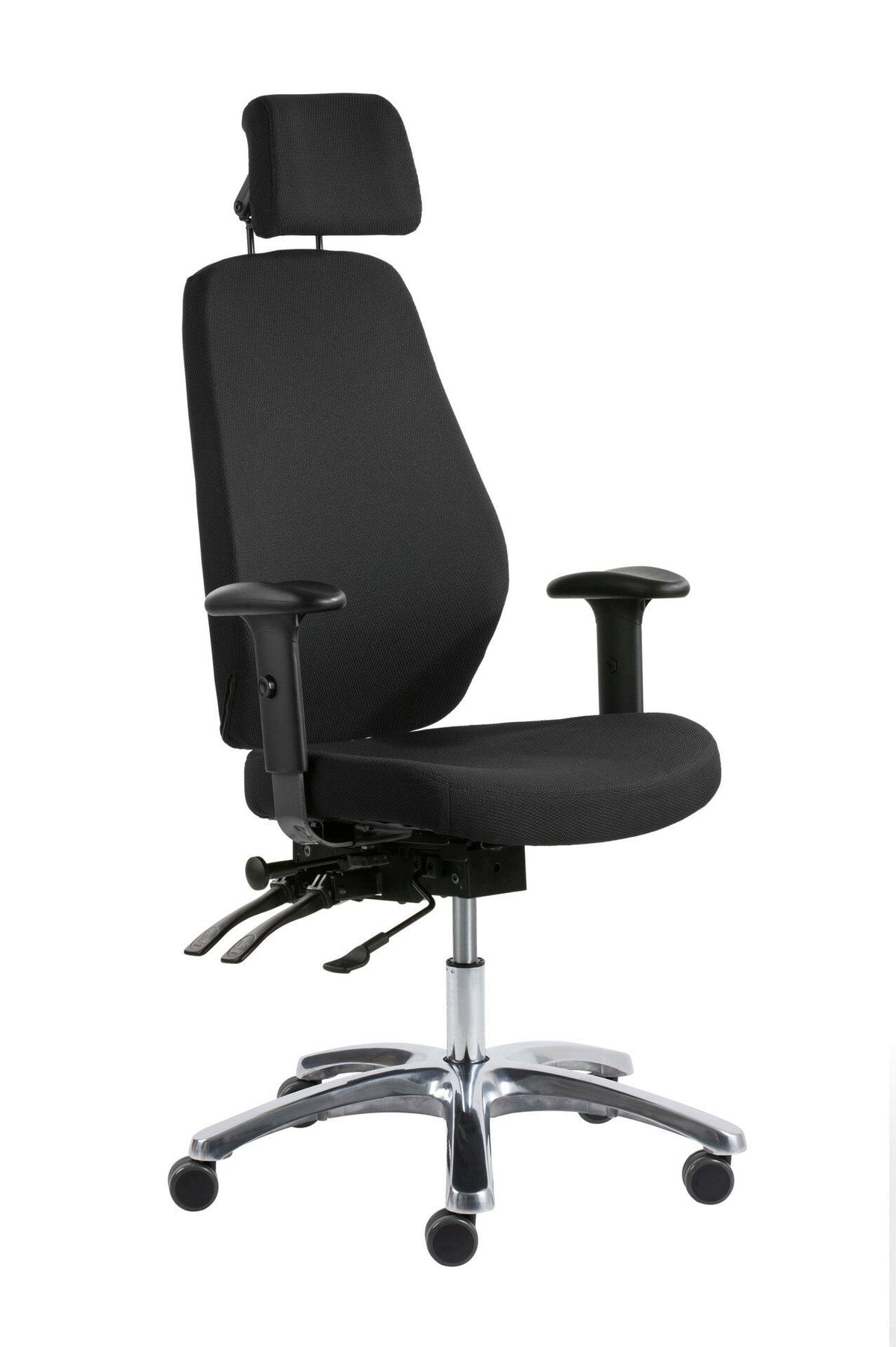 Black Office Chair Optimum Z featuring an adjustable headrest, armrests, and a chrome base on a white background
